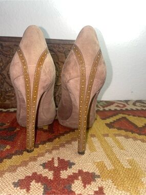 Brian Atwood Platform Nude Taupe Suede Stiletto Pumps with Tan Perforated Trim